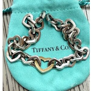 Tiffany & Co Heart Link Chain Bracelet 8.0” 18K Gold 925 Silver With Pouch